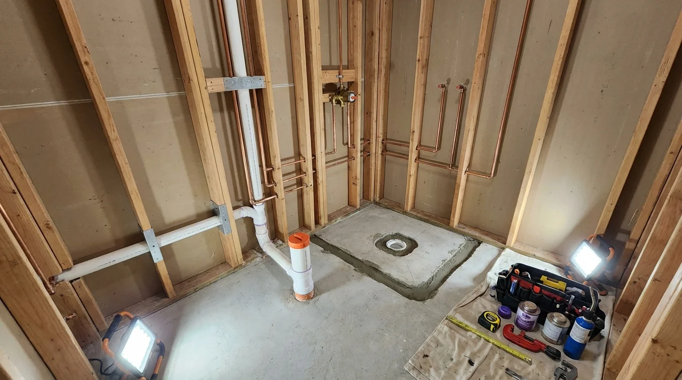Bathroom rough-in plumbing during remodel by Johns Plumbing LLC in Okawville