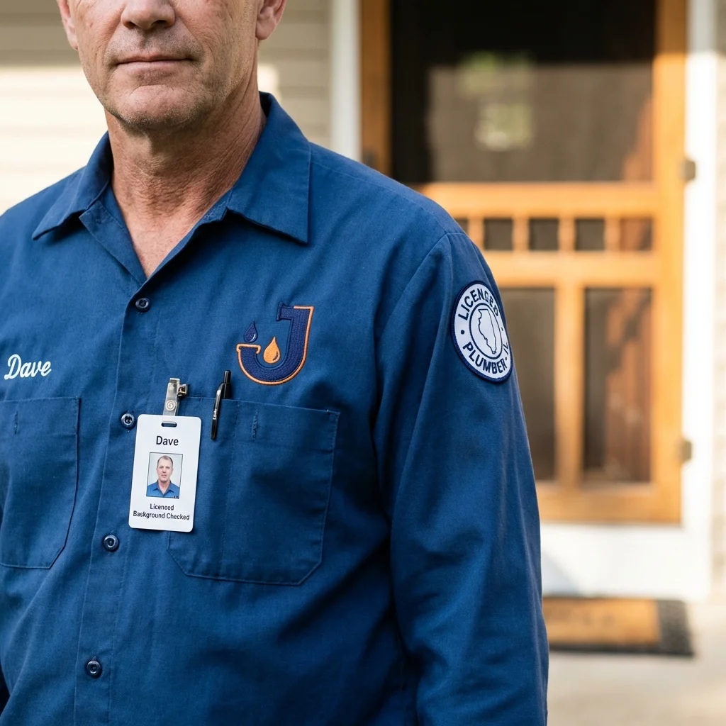 Licensed plumber showing ID badge in Okawville, IL