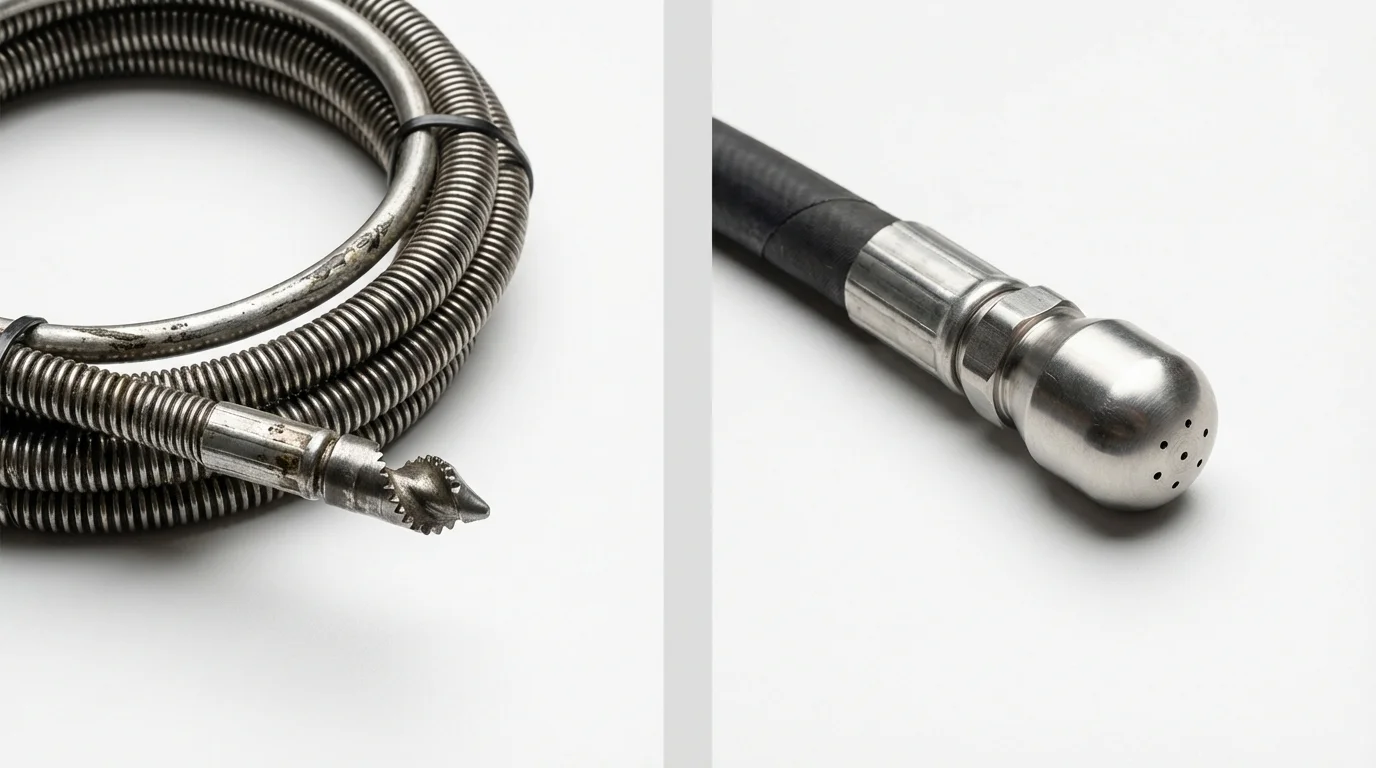 Drain snake cable and hydro jetting nozzle used for drain cleaning in Okawville, IL