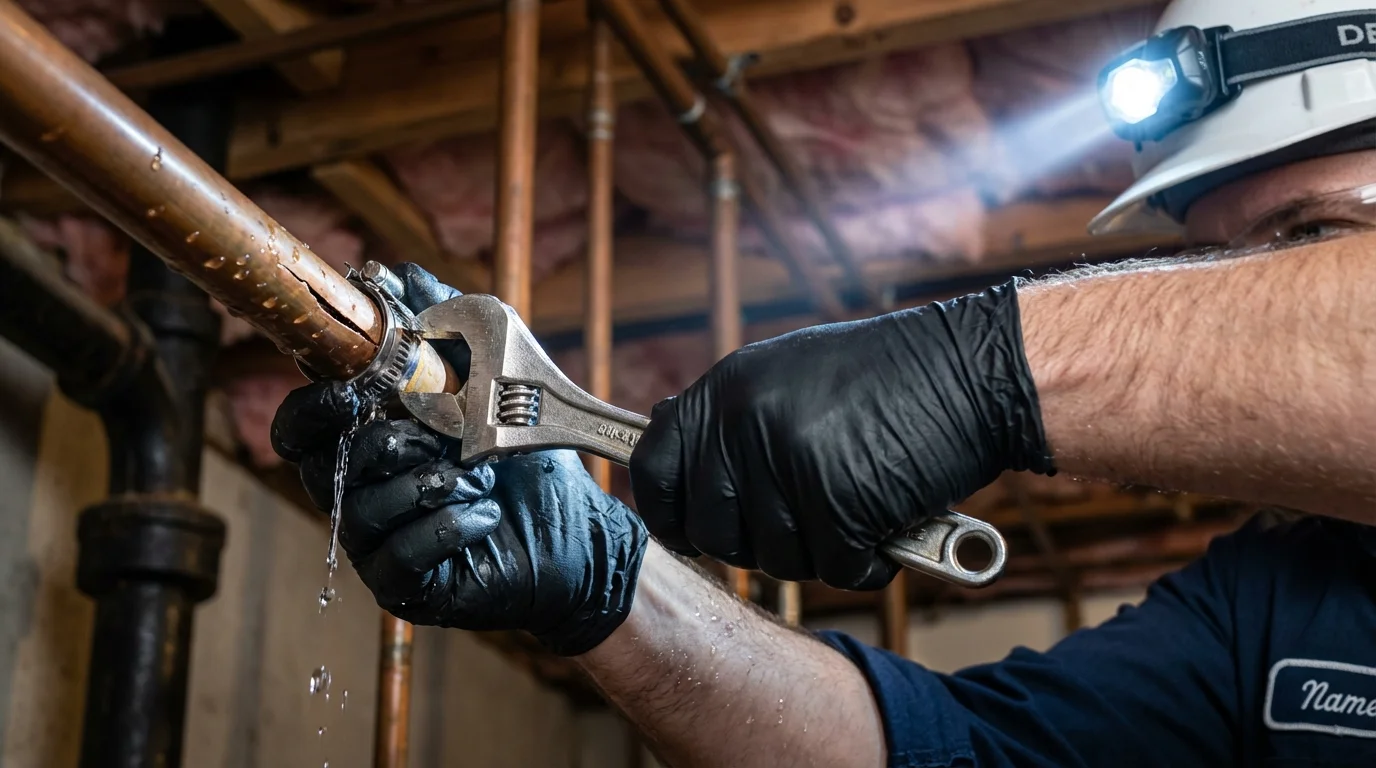 Emergency pipe clamp repair being performed by a Johns Plumbing LLC plumber in Okawville