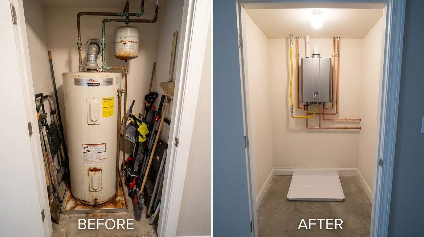 Tank water heater versus wall-mounted tankless unit comparison for Okawville, IL homeowners