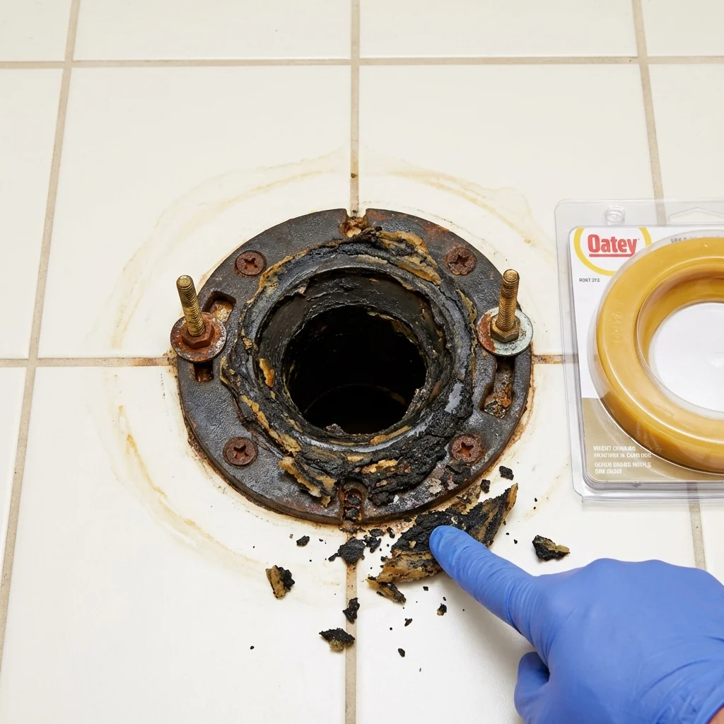 Failed wax ring showing water seepage at the base of a toilet in a Okawville, IL home
