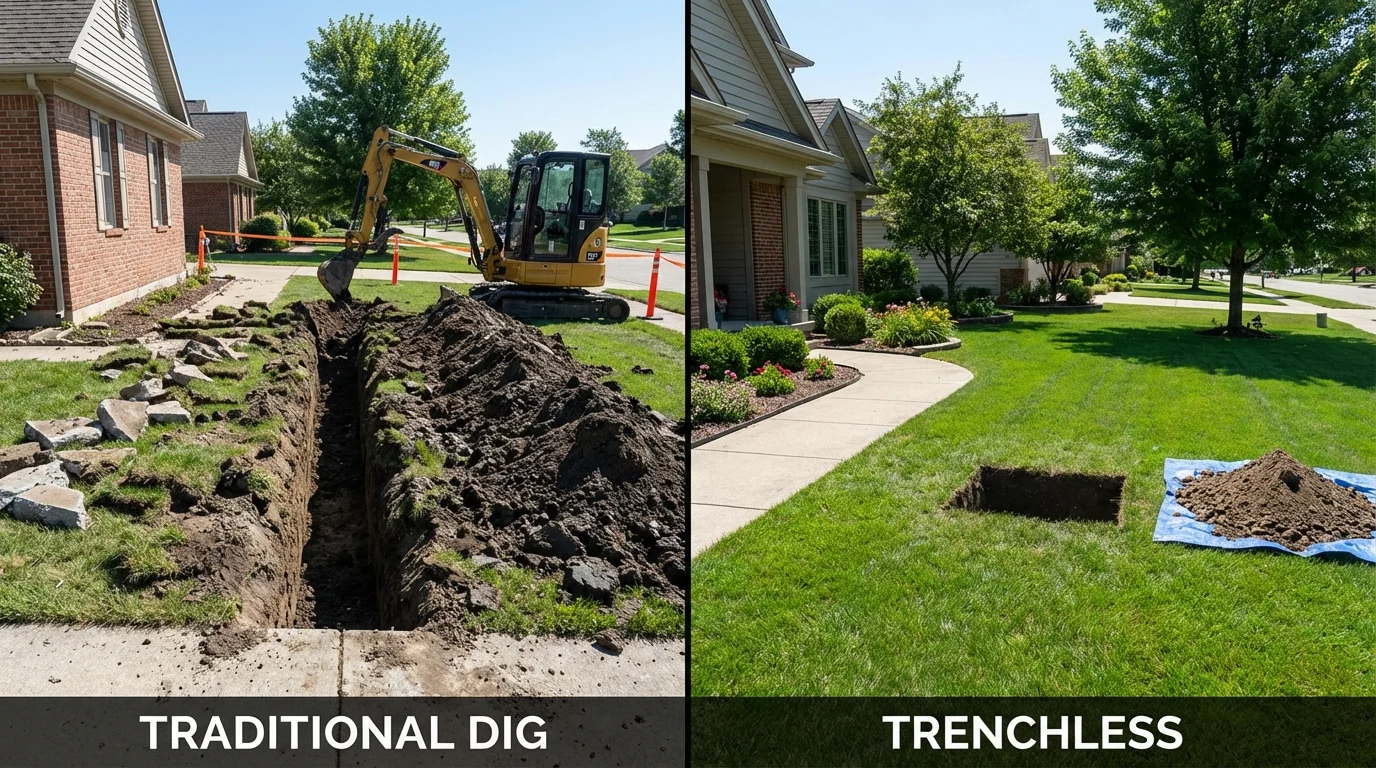 Trenchless sewer repair with minimal yard damage versus traditional excavation in Okawville, IL