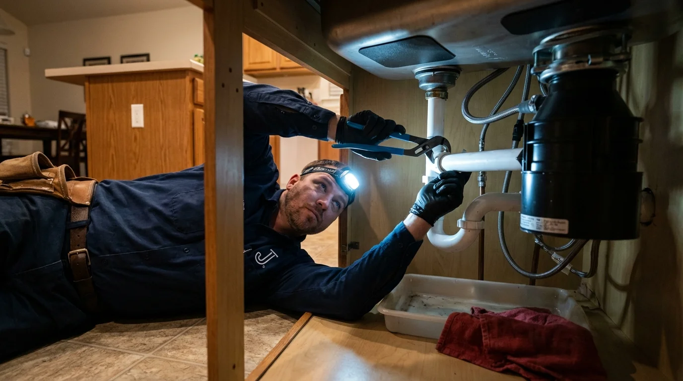 P-trap and supply line connections under a kitchen sink showing a common leak point in Okawville, IL